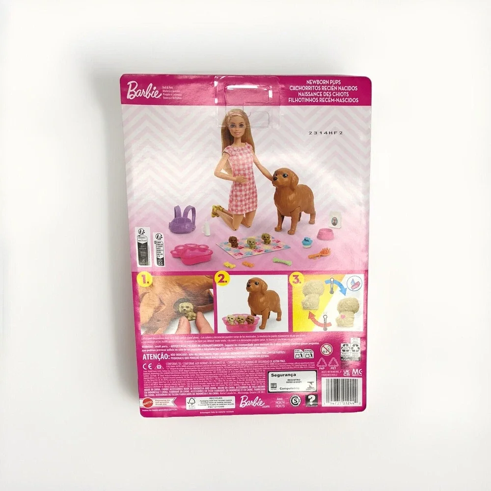 BARBIE Doll & Pets w Mommy Dog & 3 Newborn Puppies & Dog Toys & Carrier NEW MINT